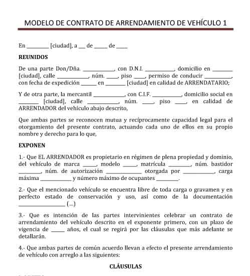 Modelo de contrato de arrendamiento de vehículo 1
