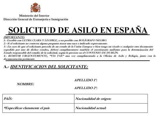 Modelo de solicitud de Asilo y Refugio en España